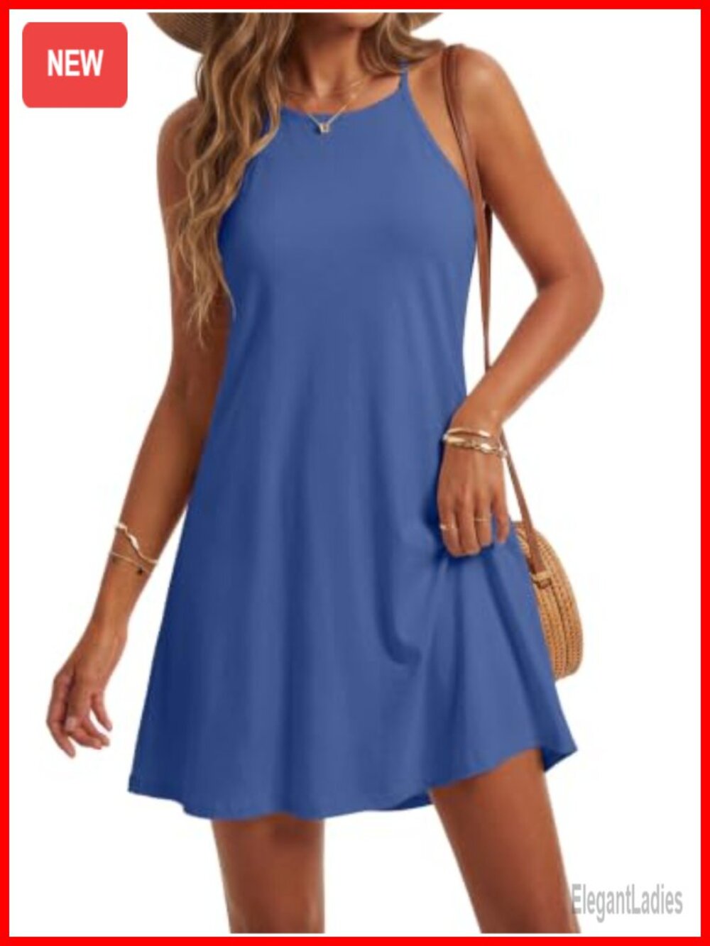 Women's Halter Neck Sleeveless Mini Dress A-Line Keyhole Back Casual